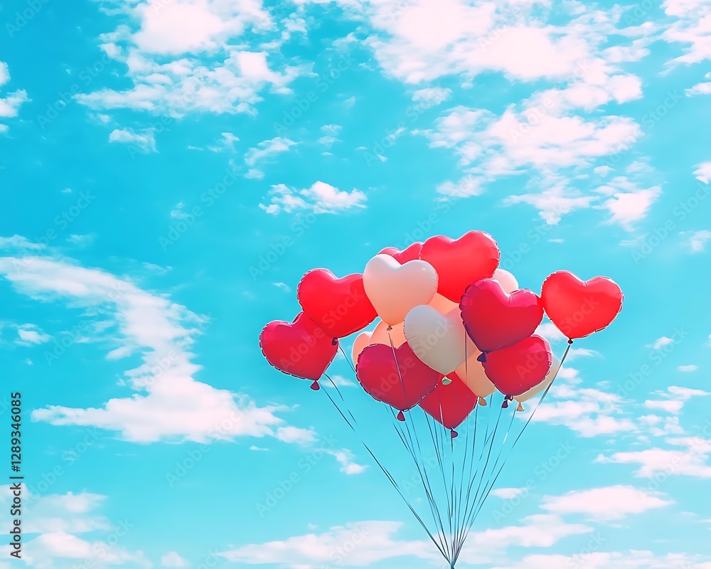 Heart balloons float, blue sky Heart balloons float, blue sky