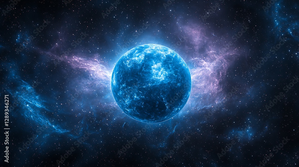 Bright blue glowing celestial body radiating in deep space, nebula backdrop Bright blue glowing celestial body radiating in deep space, nebula backdrop