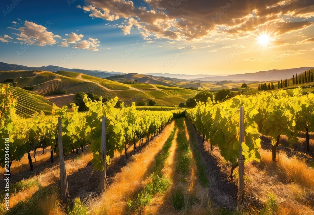 Fototapeta premium colorful vineyard scene showcasing lush grapes bathed sunlight picturesque background, autumn, basket, bloom, countryside, cart, decor, exquisite, fall