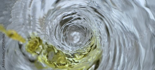 Top down view of golden colored chemical falling in water vortex, creating tunnel shape in slow-motion