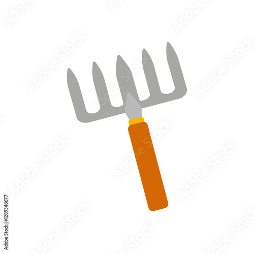 Gardening tool with a four-pronged rake ready for planting vegetables in the spring garden