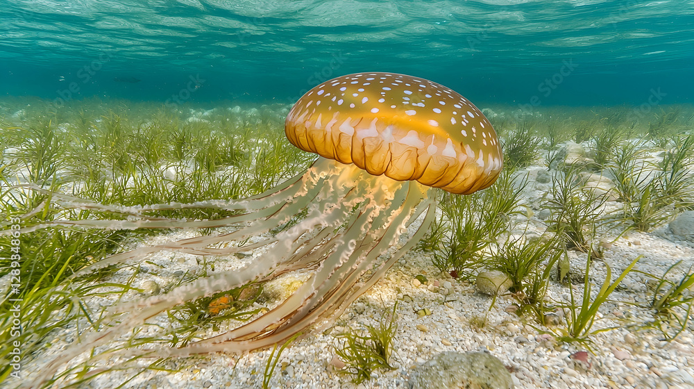 Golden jellyfish gracefully glides over seagrass bed in shallow, sunlit ocean; background shows tranquil underwater scene; ideal for nature documentaries