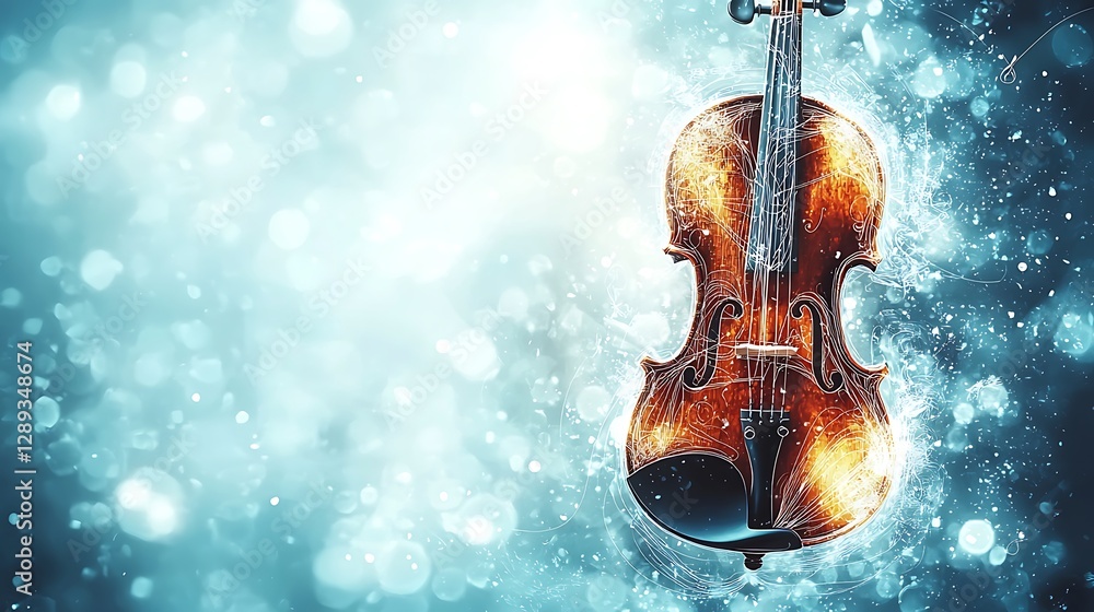 Fototapeta premium Brown violin glowing in a swirl of blue and white particles against a blurred background