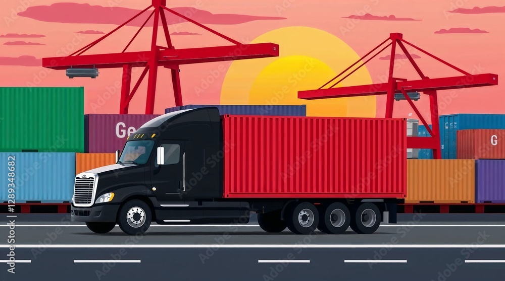 black semi trailer with red container parked in port surrounded by colorful containers and red cranes on sunset background. flat design black semi trailer with red container parked in port surrounded by colorful containers and red cranes on sunset background. flat design