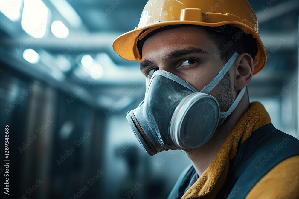 Construction worker wearing protective gear in an industrial setting Construction worker wearing protective gear in an industrial setting