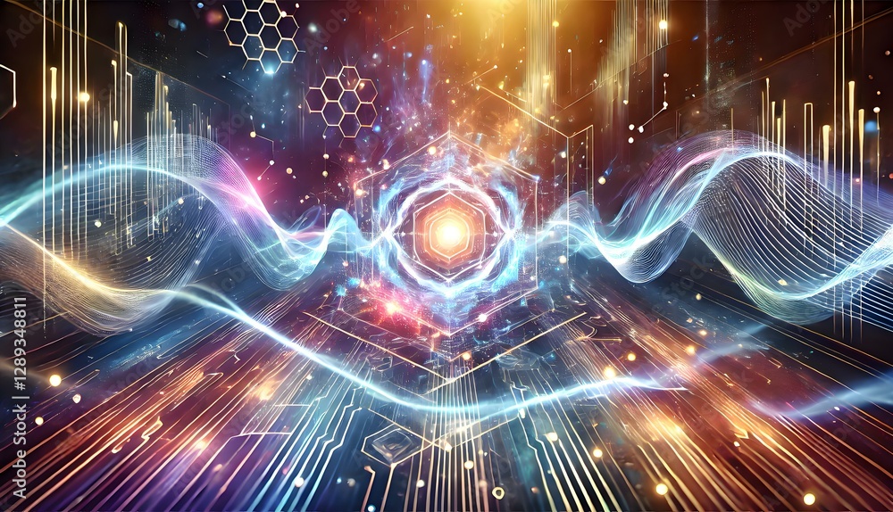 Fototapeta premium the abstract digital artwork representing energy waves and magnetic fields flowing through glowing geometric shapes, symbolizing magnesium's role in the body