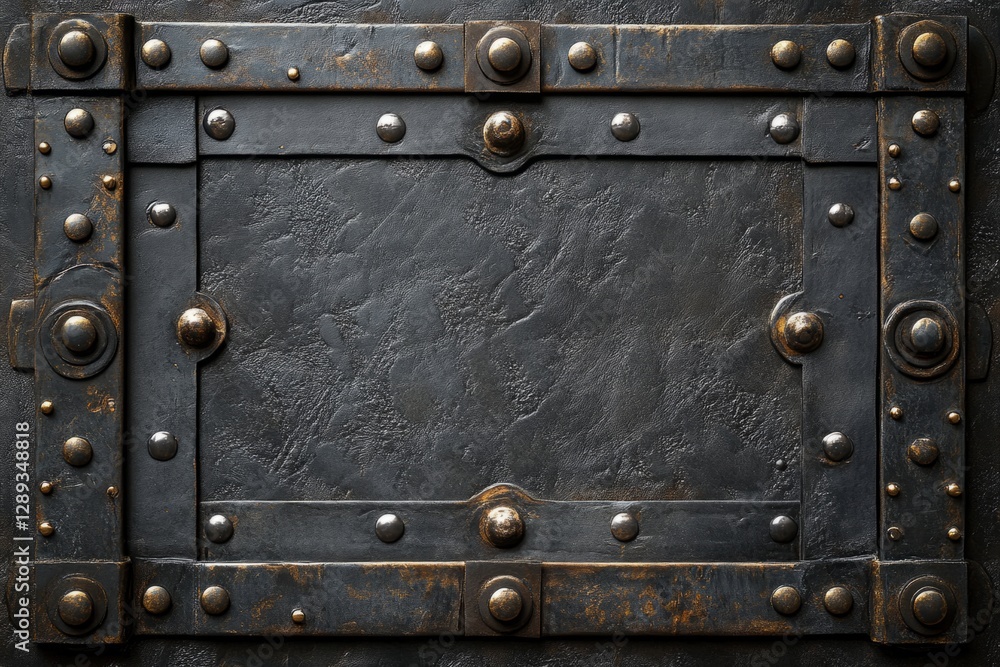 Fototapeta premium Decorative metal frame bordering dark textured background, featuring rivets and studs, creating a vintage or industrial aesthetic