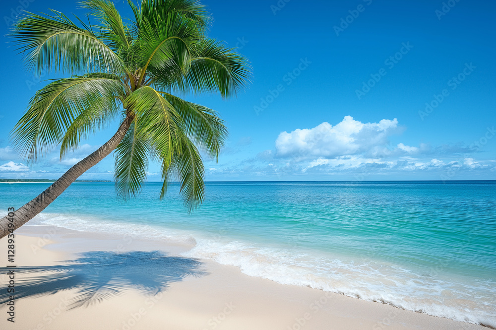 serene tropical beach featuring swaying palm tree against clear blue sky and calm turquoise waters. soft sand invites relaxation and tranquility serene tropical beach featuring swaying palm tree against clear blue sky and calm turquoise waters. soft sand invites relaxation and tranquility