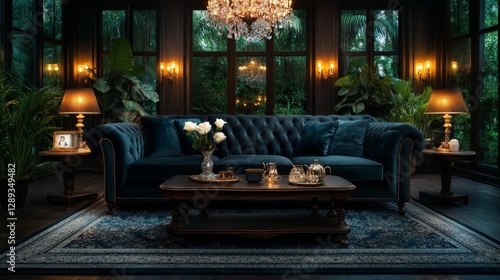 An elegant velvet sofa with a crystal chandelier soft lighting and decorative plants creating a cozy atmosphere. Generative AI
