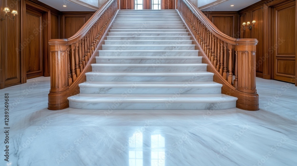 Obraz premium Elegant Marble Staircase with Dark Wood Railings Leading to an Upper Landing. Generative AI