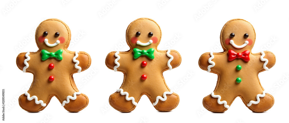Festive gingerbread men cookies isolated on white background. Decorated with red, green, white icing. Ideal for Christmas designs, holiday greetings, confectionery themes. Festive gingerbread men cookies isolated on white background. Decorated with red, green, white icing. Ideal for Christmas designs, holiday greetings, confectionery themes.