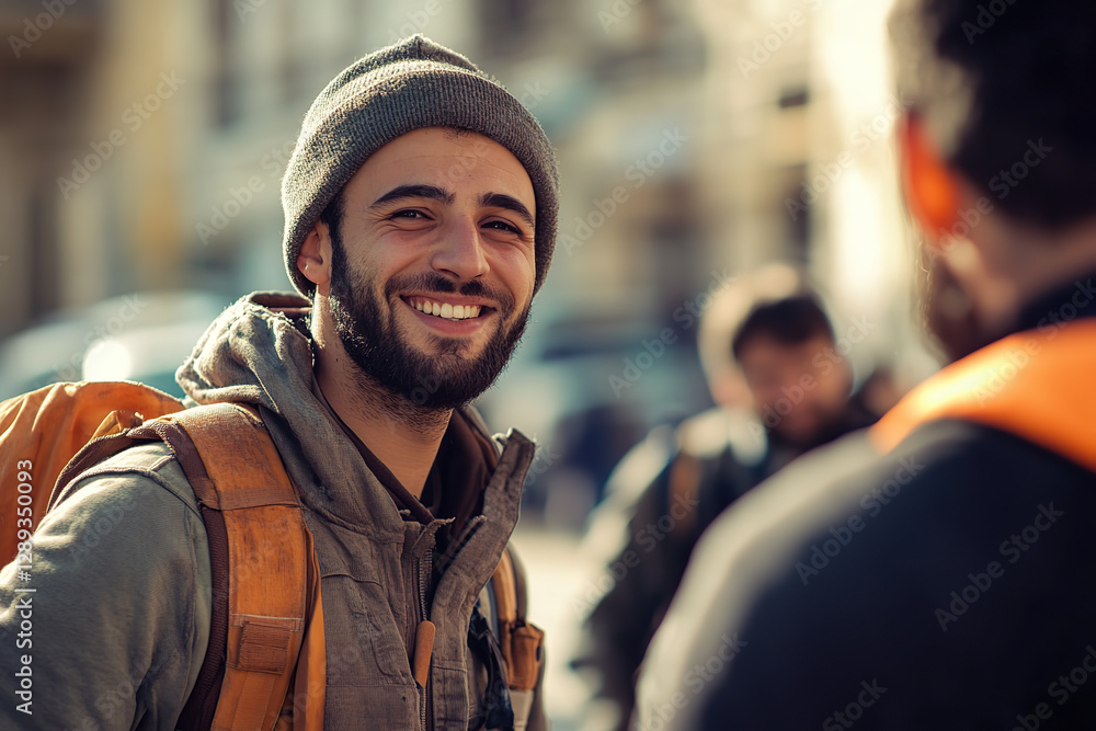 Fototapeta premium Male workers engage in discussion after completing their shift
