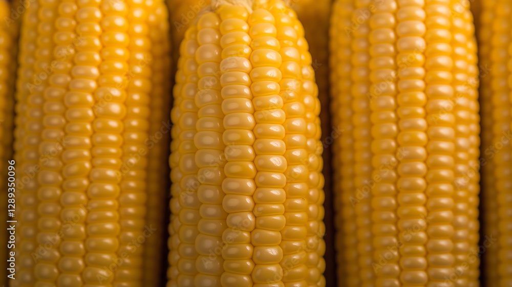 Close up of fresh corn cobs showcasing plump, golden kernels, neatly arranged and illuminated by soft, natural light, emphasizing texture and freshness Close up of fresh corn cobs showcasing plump, golden kernels, neatly arranged and illuminated by soft, natural light, emphasizing texture and freshness