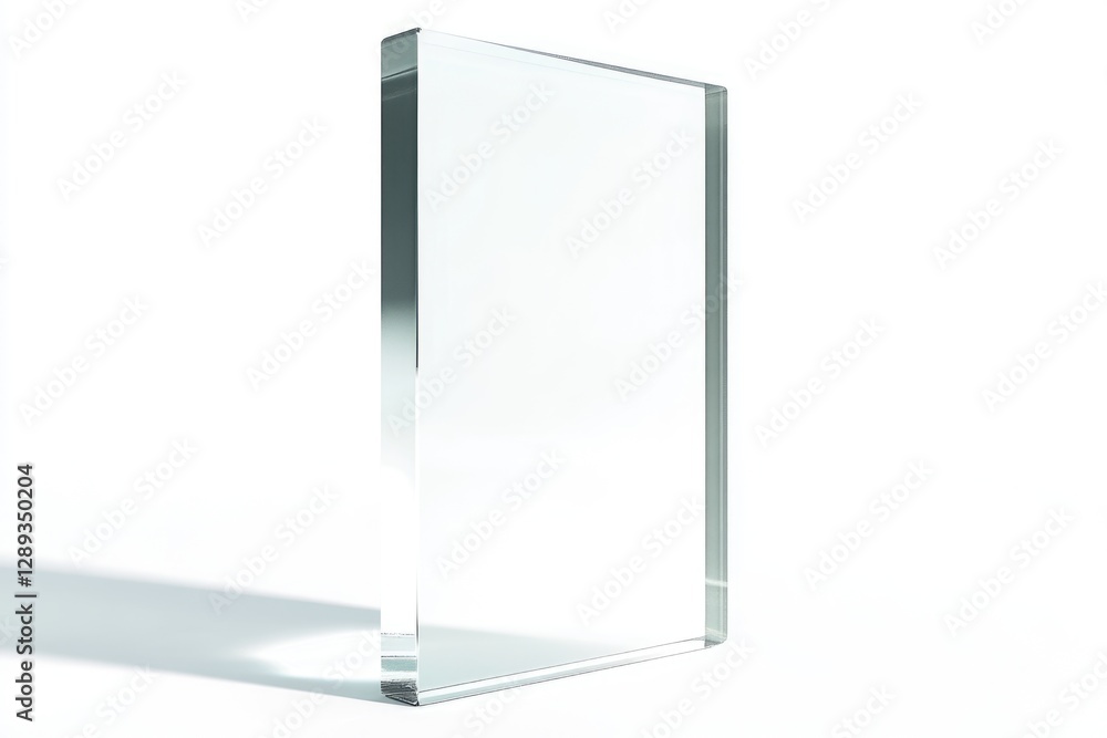 A clear, rectangular glass panel stands upright against a white background, casting a subtle shadow. A clear, rectangular glass panel stands upright against a white background, casting a subtle shadow.