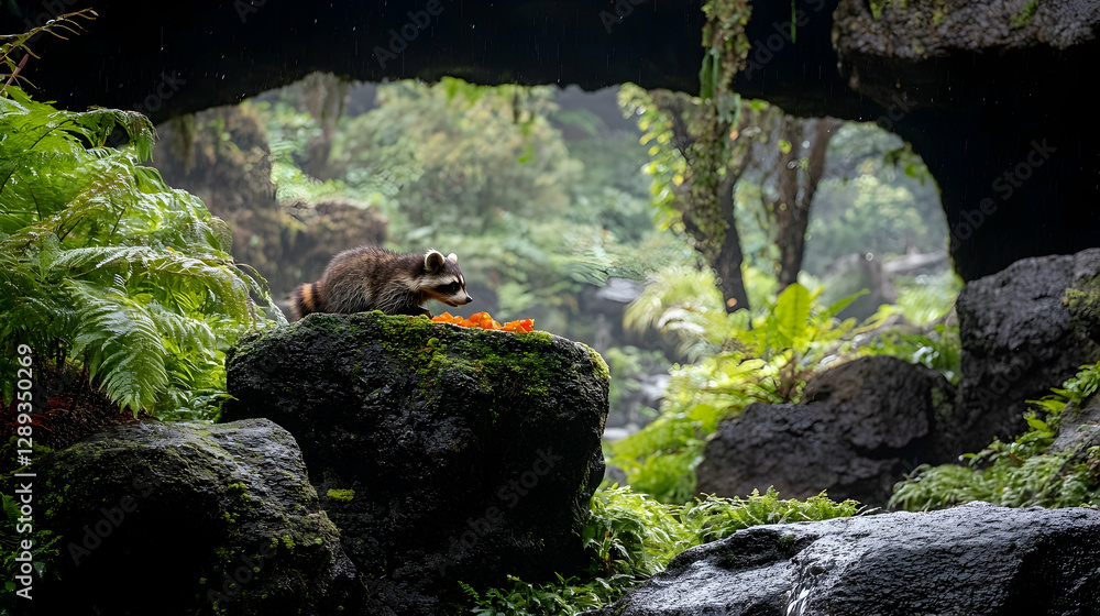Obraz premium Raccoon eating fruit on mossy rock, lush rainforest background, wildlife sanctuary
