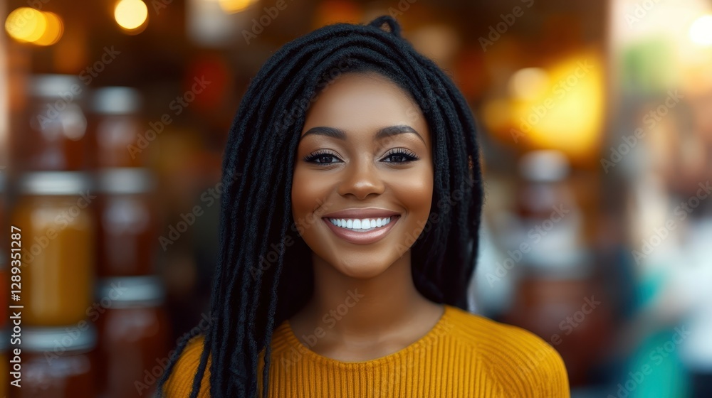 Obraz premium A woman with long dreadlocks radiates joy in a bustling marketplace. The colorful surroundings highlight her smile as she enjoys her day under the warm sun