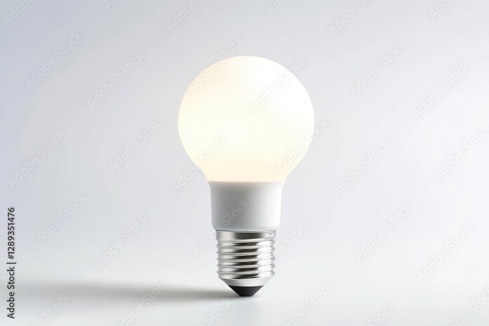 A single illuminated LED light bulb with a matte white finish sits against a bright white background. A single illuminated LED light bulb with a matte white finish sits against a bright white background.