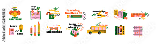 Set cartoon back to school stickers in the 90s style. Retro elements, office, study. Groovy characters students, school supplies, lessons, university. Trendy bright vector set