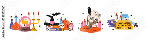 Halloween stickers and scary magic in cartoon style 90s. Vintage witchcraft shapes: skull, pumpkin, witch, ghosts, eye, potion. Spooky scary groovy patches set.