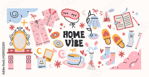 Cartoon good night stickers. Character in pajamas, cozy bed, pillows, moon, bedtime. Trendy night illustrations in doodle retro style. Trendy tags, patches, labels