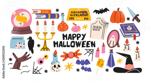 Halloween stickers and scary magic in cartoon style 90s. Vintage witchcraft shapes: skull, pumpkin, witch, ghosts, eye, potion. Spooky scary groovy patches set.