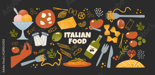 Cartoon Italian food stickers. Set of traditional dishes: pasta, pizza, cheese, ravioli, wine, olives. Tourist stickers, Italian delicacies. Vector set of element