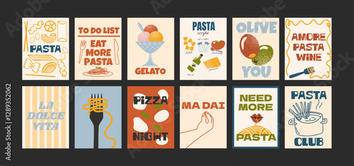 Italian food posters for the kitchen. Culinary compositions in cartoon trendy style of Matisse. Pasta, pizza, gelato, olives, traditional italian food. Decor for kitchens, cafes and restaurants.