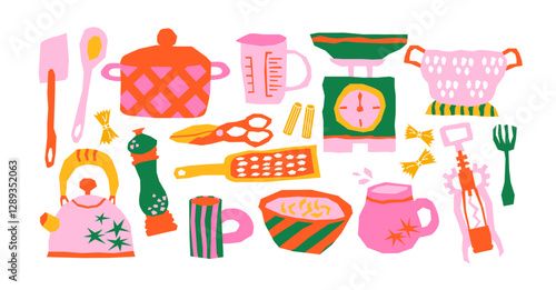 Kitchenware in cartoon style. Crockery, cutlery, kitchen equipment for cooking. Bright set of cooking elements. Pan, spoon, fork, frying pan. Vector set	