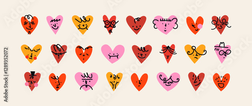 Cartoon heart faces with emotions, doodle characters in retro groovy funky style. Stickers set of hand drawn round vector faces. Valentine's Day faces
