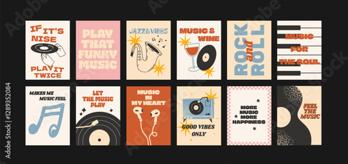 Retro 90s music posters.Cartoon music instruments guitars, vinyl records and cassette. Nostalgic design with vibrant colors and vintage elements, perfect for music lovers and retro spaces. Wall decor 