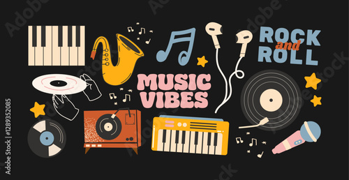 Retro 90s music stickers set. Musical instruments, vinyl records, headphones, synthesizer, piano, turntable, and rock ‘n’ roll elements. Cartoon vibrant nostalgic shapes for music 