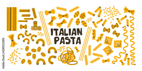 Italian pasta set. Cartoon hand drawn spaghetti, penne, fusilli, farfalle and cannelloni. Doodle retro illustrations for food and culinary concepts traditional cuisine