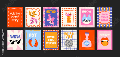 : Abstract posters in a minimalist style. Wall decor, trendy banners of summer, flowers , cocktails, disco, animals in the cartoon style of Matisse. Decor of wallpaper, walls, print and postcards