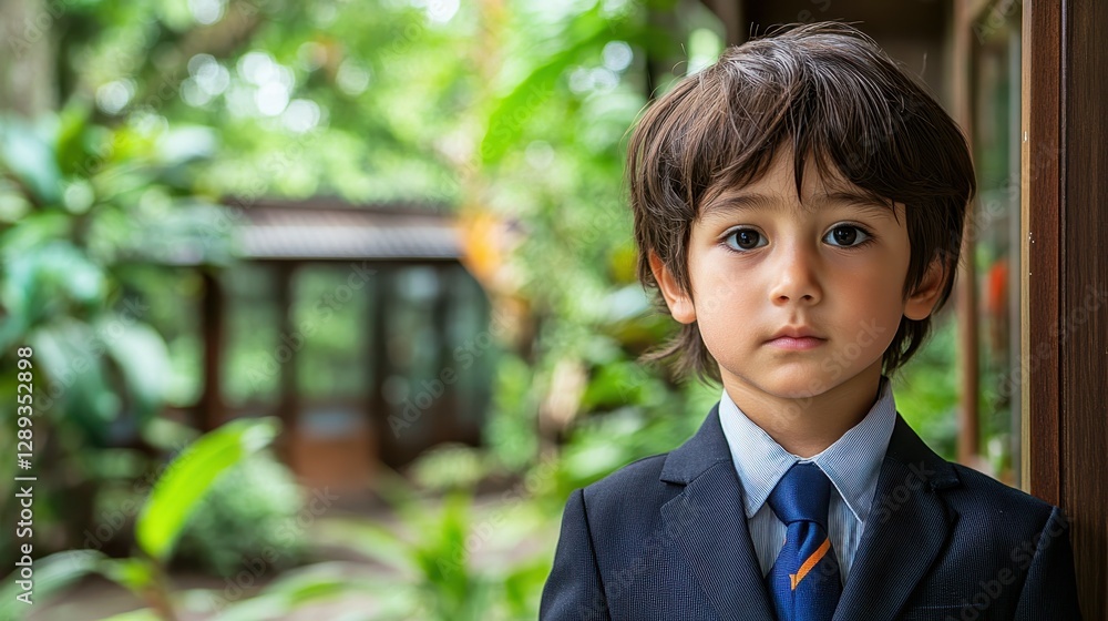 A young boy dressed in a formal suit with a tie stands quietly in a vibrant garden. Sunlight filters through the greenery, adding a serene atmosphere to the setting A young boy dressed in a formal suit with a tie stands quietly in a vibrant garden. Sunlight filters through the greenery, adding a serene atmosphere to the setting