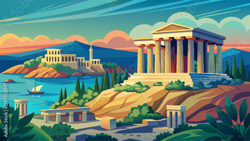 Greece travel and landmarks . antique temple of Orfeas in Aegina island, the prototipe of Acropolis. Saronics gulf.