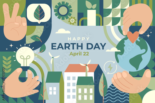 Earth Day, banner for world environment day. Ecology concept with geometric simple forms. Flyer for advertise, web, social media, design, marketing and print. Eco friendly world. Vector illustration.