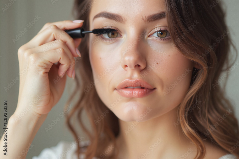 Beautiful woman applying mascara in bright light, close-up portrait, copy space Beautiful woman applying mascara in bright light, close-up portrait, copy space
