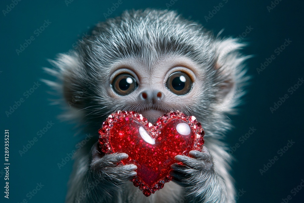 Tamarin - my desired animal. Promotion creative graphic design. Marketing creative. Cute tamarin baby with sparkling rhinestones red heart - sign of love, funny greeting card. Zoo love themes. Tamarin - my desired animal. Promotion creative graphic design. Marketing creative. Cute tamarin baby with sparkling rhinestones red heart - sign of love, funny greeting card. Zoo love themes.