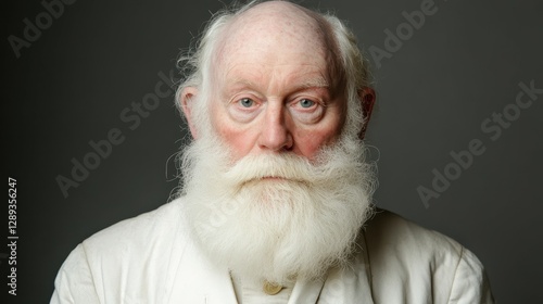 An elderly man stands still, showcasing his long white beard and deep-set eyes. He wears simple clothing and exudes a calm, introspective demeanor in a neutral setting