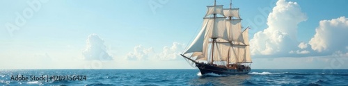 Frigate barque's sails fill with wind as it glides across the calm sea, frigate barque, yacht