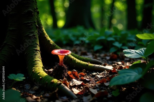Forest floor with exposed roots of Devil s club, foliage, nature