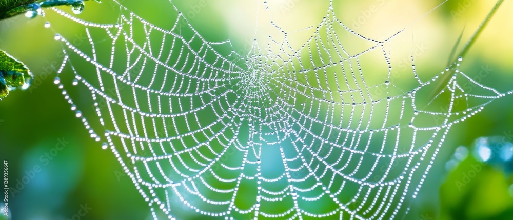 Naklejka premium A dewy spider web glistens in sunlight, creating a delicate tapestry against a lush green background.