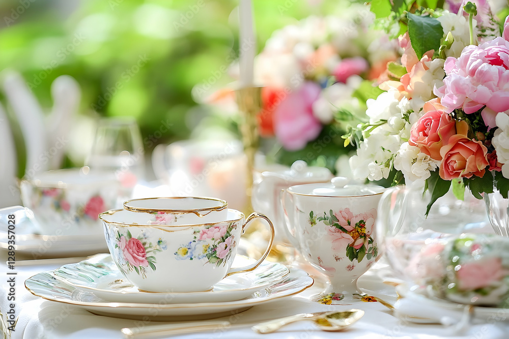 Fototapeta premium Elegant Tea Party Setting with Floral China and Fresh Flowers, a beautiful outdoor tea party, sunshine and the charm of delicate porcelain