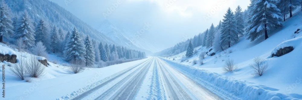 Snowy mountain road covered in white frost and blue ice, winter wonderland, mountain landscape Snowy mountain road covered in white frost and blue ice, winter wonderland, mountain landscape