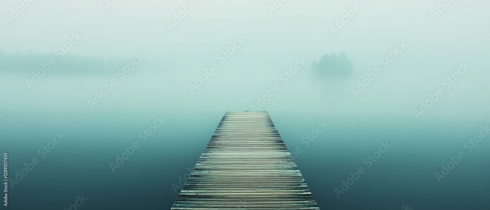 Obraz premium A foggy pier stretches into the ether, its wooden planks vanishing into the mist, creating an ethereal sense of infinite calm and mystery.