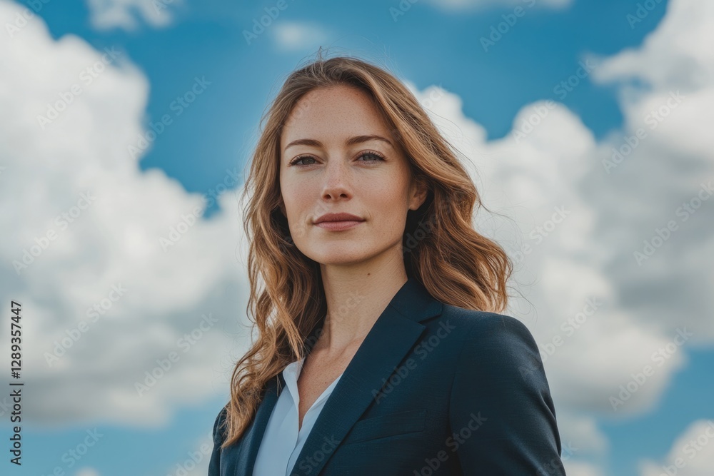 Confident businesswoman with long brown hair, standing against a bright blue sky with fluffy white clouds. Confident businesswoman with long brown hair, standing against a bright blue sky with fluffy white clouds.