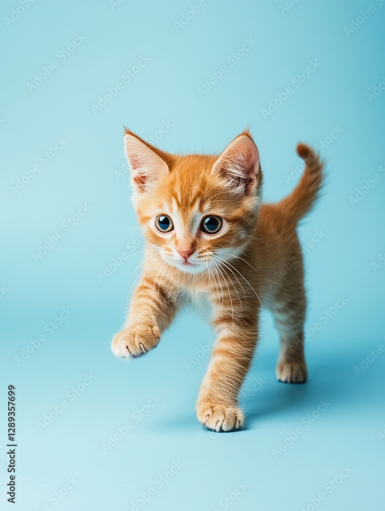A playful red cat puppy on the blue background A playful red cat puppy on the blue background