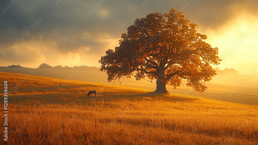 A majestic solitary oak tree bathed in golden light, with a grazing horse in a tranquil meadow at sunset. A majestic solitary oak tree bathed in golden light, with a grazing horse in a tranquil meadow at sunset.