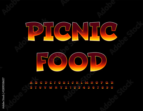 Vector Hot Advertising Picnic Food. Unique Font with Burning Effect. Flame Alphabet Letters and Numbers. 
