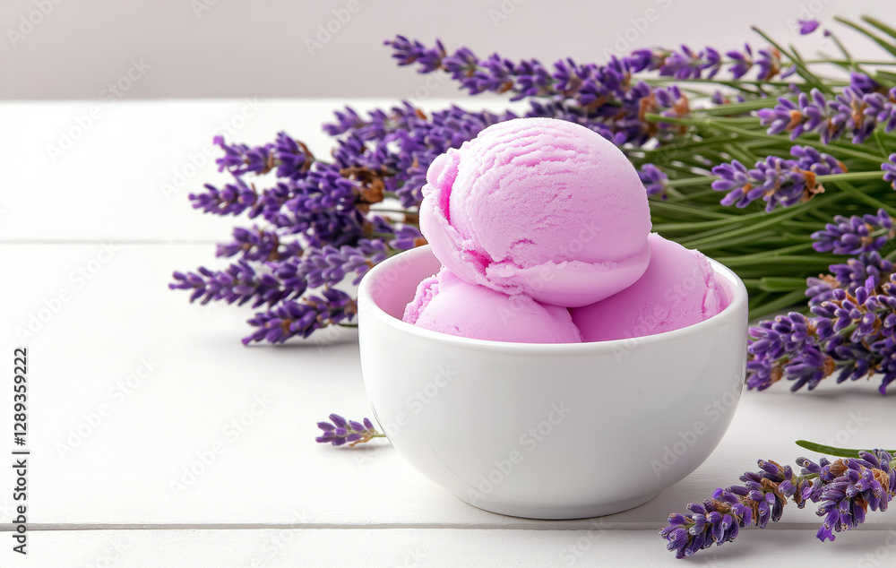 A bowl of pink lavender ice cream with fresh lavender flowers on a rustic white wooden surface, with ample copy space on the left for text or design elements A bowl of pink lavender ice cream with fresh lavender flowers on a rustic white wooden surface, with ample copy space on the left for text or design elements